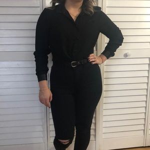 Black button down with leather accents